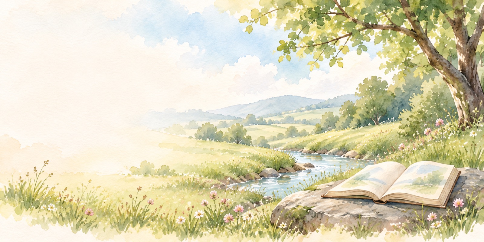An open book beside a stream, framed by leafy branches and a sunlit watercolour meadow.
