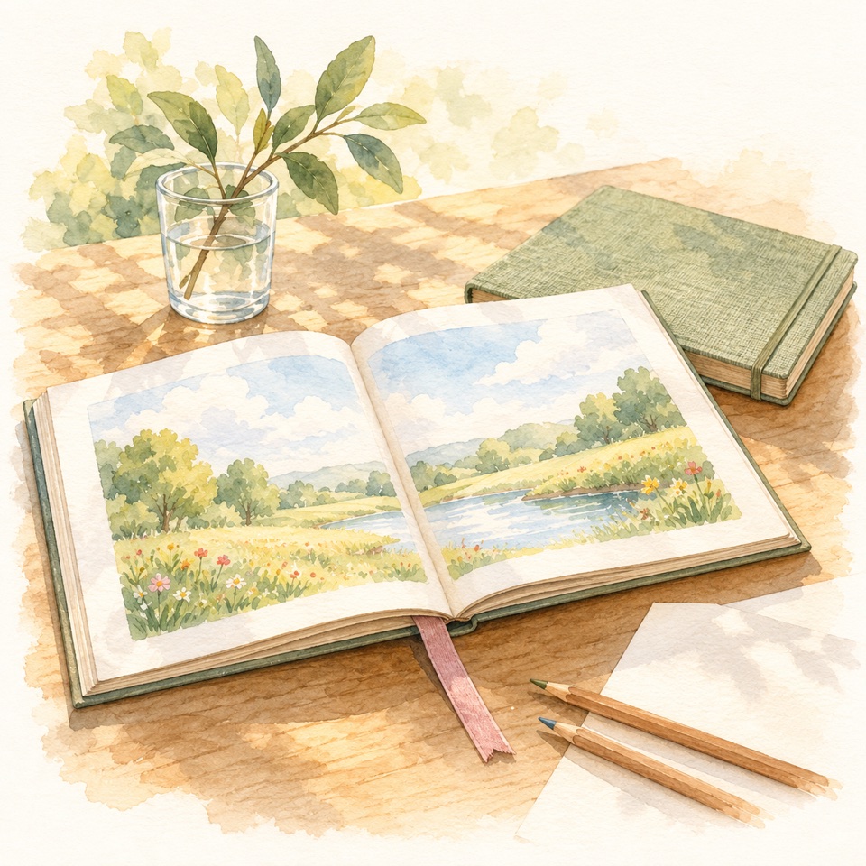 An open book, a notebook and pencils on a sunlit table, painted in soft watercolour.